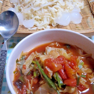 農心チゲラーメンで作る　トマトチゲの冷しつけ麺